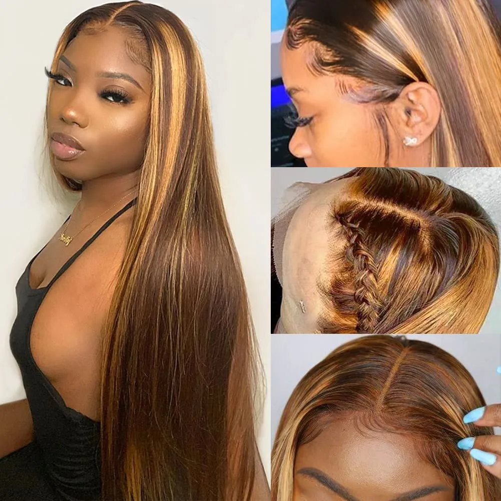Subella 26inch Straight 4/27 Highlight 13x4 HD Transparent Lace Front Wigs Human Hair Glueless Straight Lace Frontal Wigs Pre Plucked with Baby Hair 180% Density