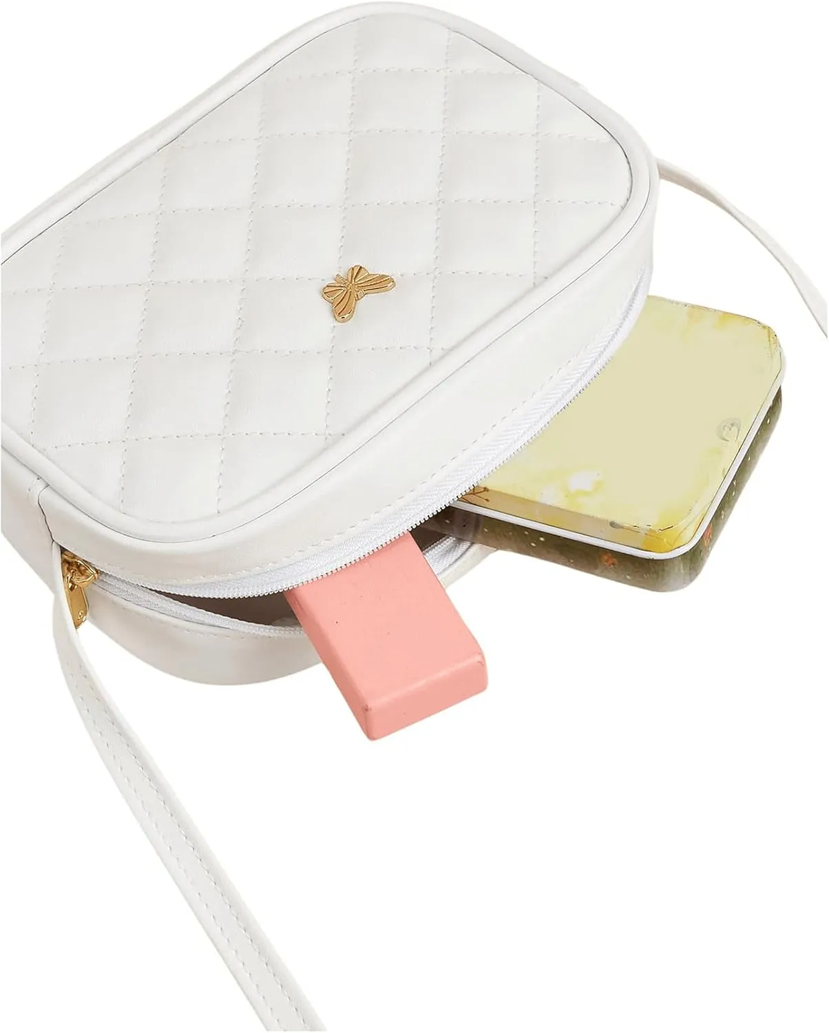 SweatyRocks Girl's PU Leather Zipper Crossbody Bag Butterfly Decor Solid Shoulder Bag Mini Square Bag White One-Size