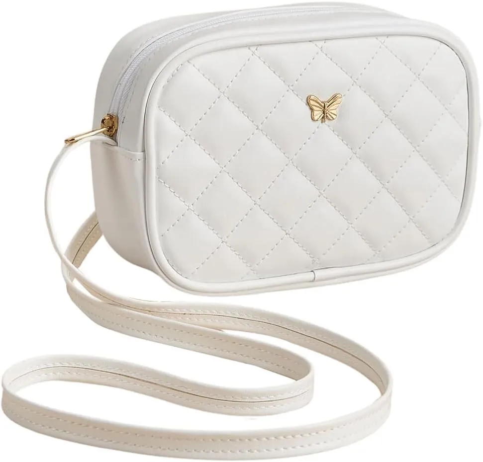 SweatyRocks Girl's PU Leather Zipper Crossbody Bag Butterfly Decor Solid Shoulder Bag Mini Square Bag White One-Size