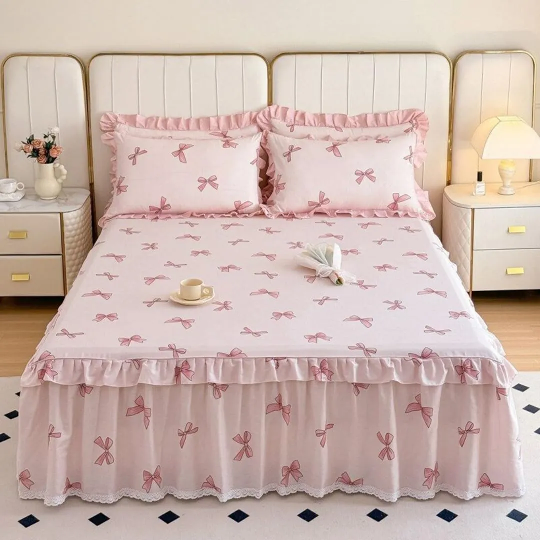 Sweet Bowknot Pattern Cotton Bed Sheet with Pleated Skirt Attached Bed Skirt with Platform Soft Cozy Bedding 1 Bed Sheet 2 Pillowcase (Pink, Queen)