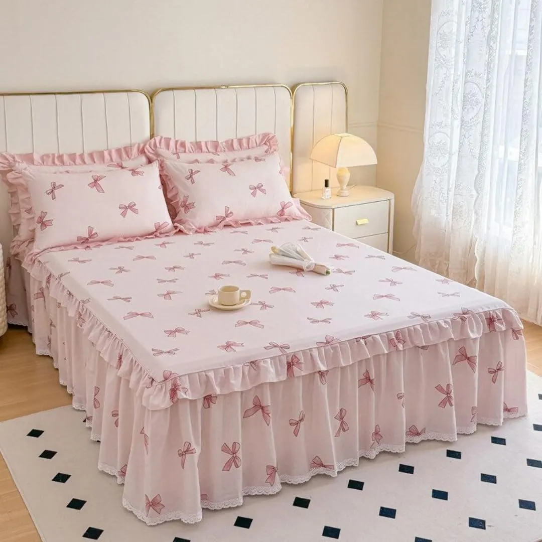 Sweet Bowknot Pattern Cotton Bed Sheet with Pleated Skirt Attached Bed Skirt with Platform Soft Cozy Bedding 1 Bed Sheet 2 Pillowcase (Pink, Queen)