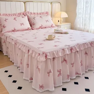 Sweet Bowknot Pattern Cotton Bed Sheet with Pleated Skirt Attached Bed Skirt with Platform Soft Cozy Bedding 1 Bed Sheet 2 Pillowcase (Pink, Queen)
