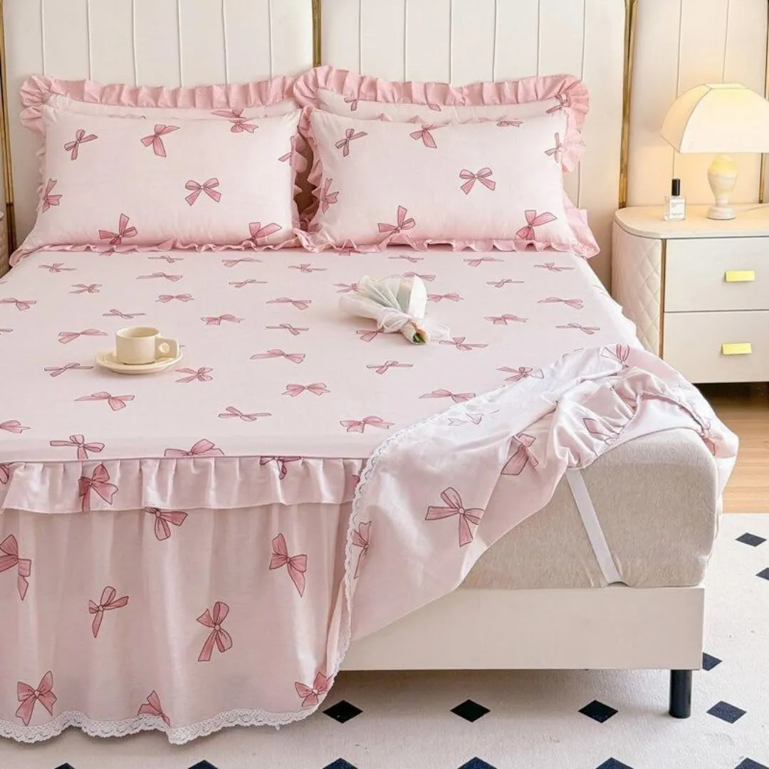Sweet Bowknot Pattern Cotton Bed Sheet with Pleated Skirt Attached Bed Skirt with Platform Soft Cozy Bedding 1 Bed Sheet 2 Pillowcase (Pink, Queen)
