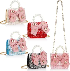 Sweetude 5 Pcs Little Ones Purses and Handbags Cute Princess Handbags with Pearl Handle Mini Bowknot Crossbody Bag with Chain Bowknot Shoulder Bag for Little Ones