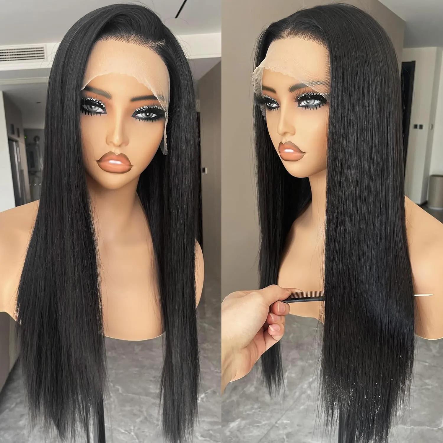 Synthetic Lace Front Wig, 13x4 Hd Lace Wigs Pre Plucked Long Straight Glueless Natural Black Wigs For Black Women 26inch Ready to Wear Wig With Baby Hair