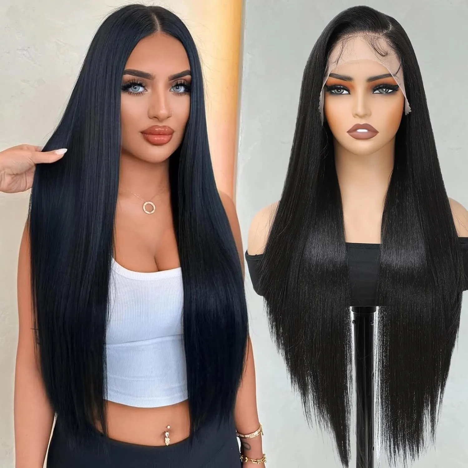 Synthetic Lace Front Wig 30inch Straight Synthetic Wig 13x4 HD Lace Long Straight Lace Front Wig Glueless for Women Pre Plucked with Baby Hair Heat Resistant Glueless Black Wig for Daily Use(2#)