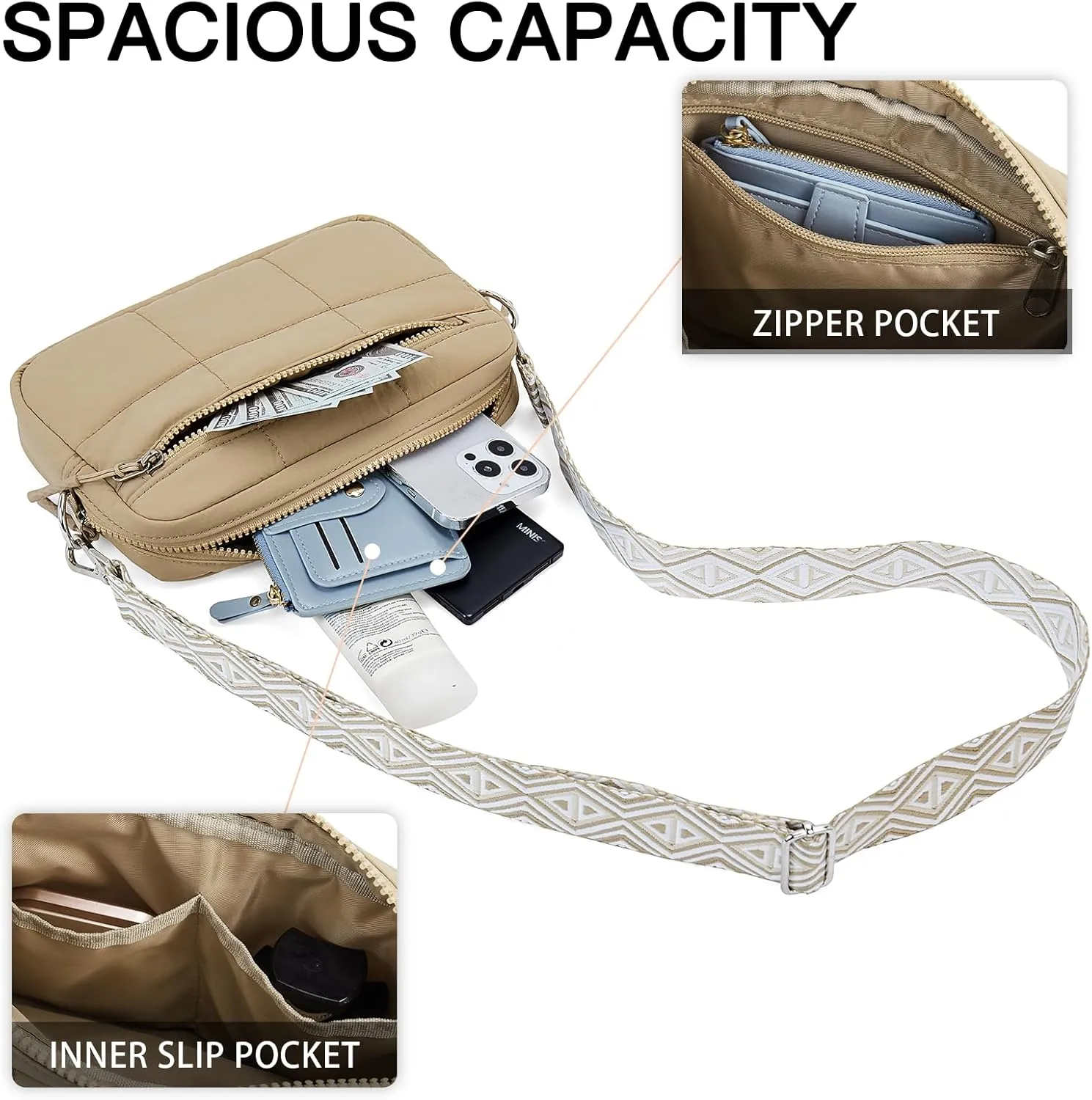 Telena Crossbody Bags for Women Cross Body Purse with Guitar Strap Lightweight Puffer Shoulder Bag for Travel