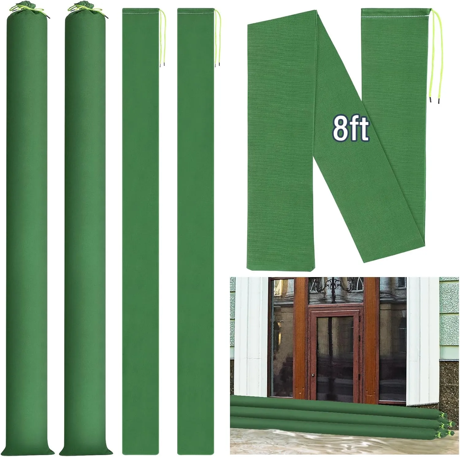 Threan 2 Pcs Long Canvas Sandbags Flood Protection Thickened Reusable Sand Bags Rain Wind Flood Barrier with Elastic Band Water Barrier Tube for Door Rain Water Control, Green (8ft)