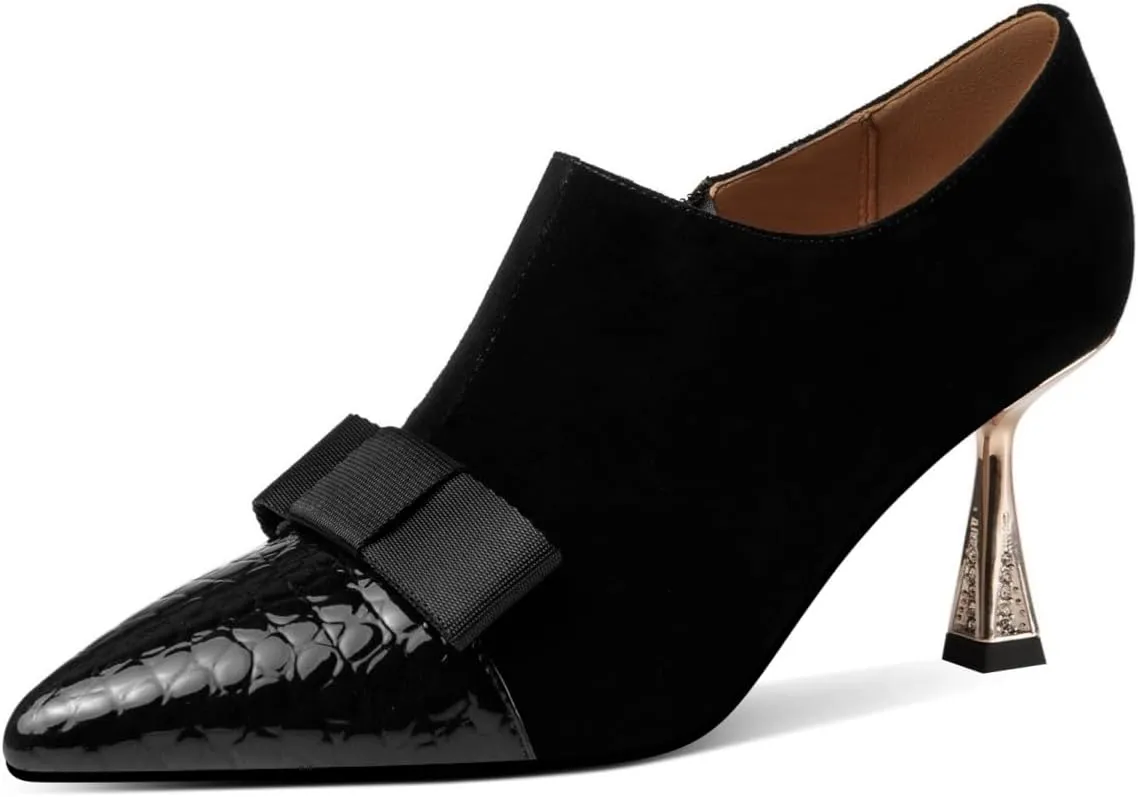 TinaCus Women's Pointed Toe Embossed Leather & Suede Leather Handmade Side Zipper Stiletto Heels Trendy Pumps Shoes