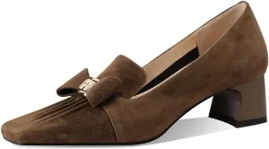 TinaCus Women's Square Toe Handmade Bowknot Suede Leather Low Chunky Heels Cute Loafers Shoes