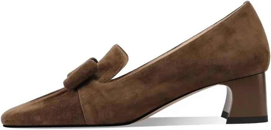 TinaCus Women's Square Toe Handmade Bowknot Suede Leather Low Chunky Heels Cute Loafers Shoes