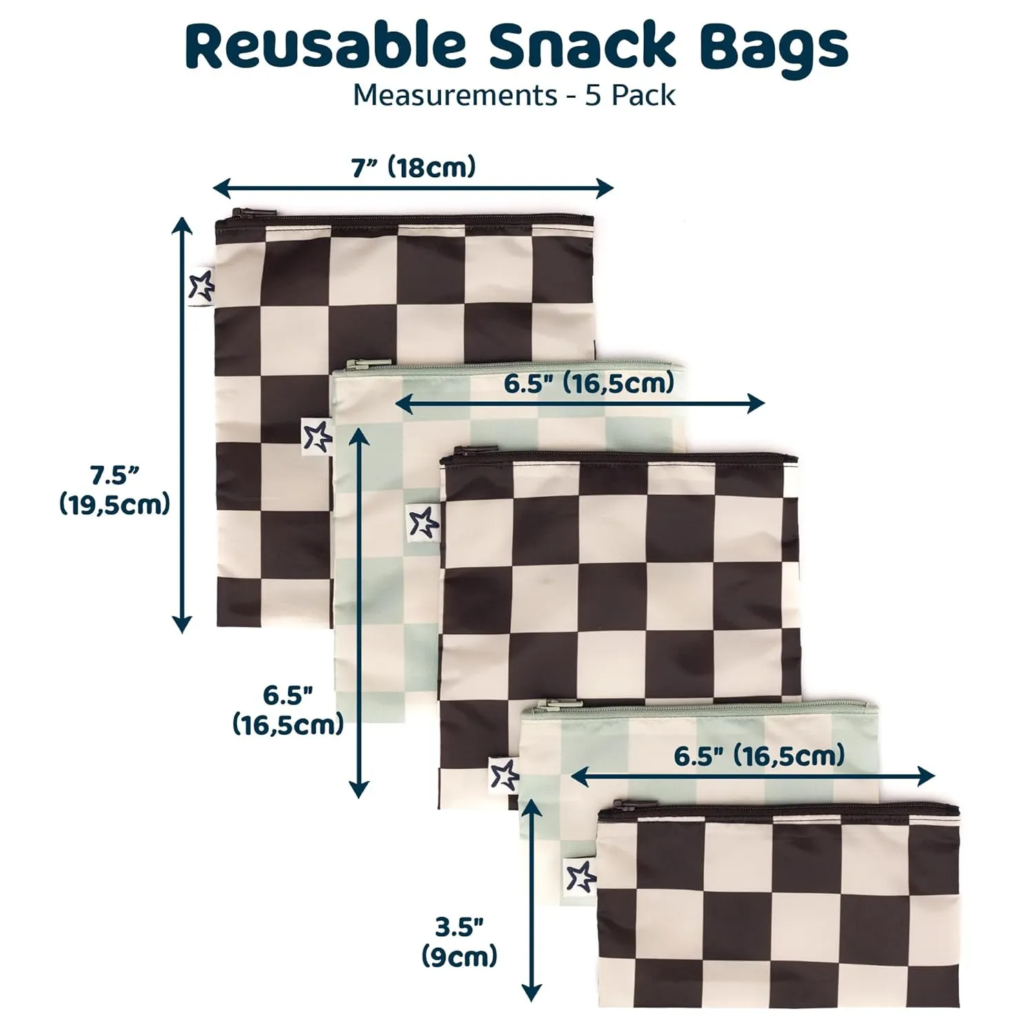 Tiny Twinkle 5 Pack Reusable Snack Bags - Machine Washable, PFAS, PVC, BPA, Phthalate-Free Reusable Baby and Toddler Food Safe Snack Bags (Checkers Black Green)