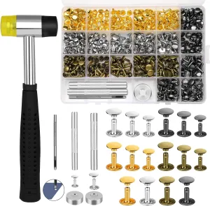 TLKKUE 240 Sets Rivets for Leather 3 Sizes Double Cap Rivets Tubular 4 Colors Leather Rivets with Rubber Hammer Fixing Tool Kit 4 Pieces for DIY Leather Craft Clothes Shoes Decoration and Repair