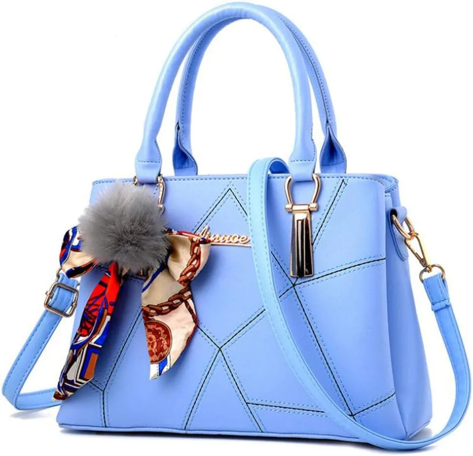 Top-handle Handbags Purse Soft PU Leather Crossbody Shoulder Bag Satchel with Bowknot Plush Ball Pendant