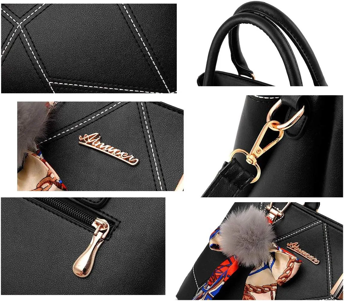 Top-handle Handbags Purse Soft PU Leather Crossbody Shoulder Bag Satchel with Bowknot Plush Ball Pendant