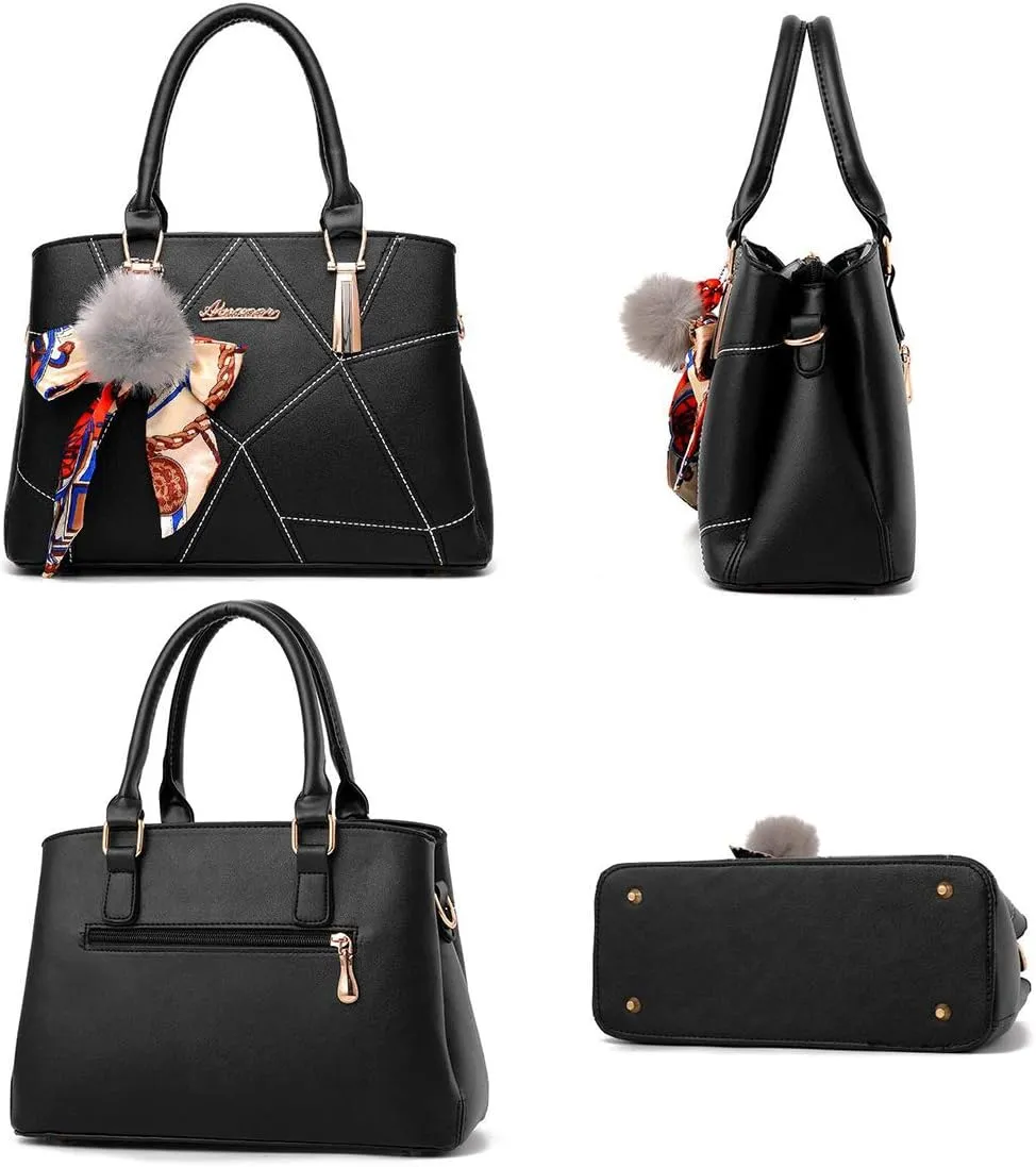 Top-handle Handbags Purse Soft PU Leather Crossbody Shoulder Bag Satchel with Bowknot Plush Ball Pendant