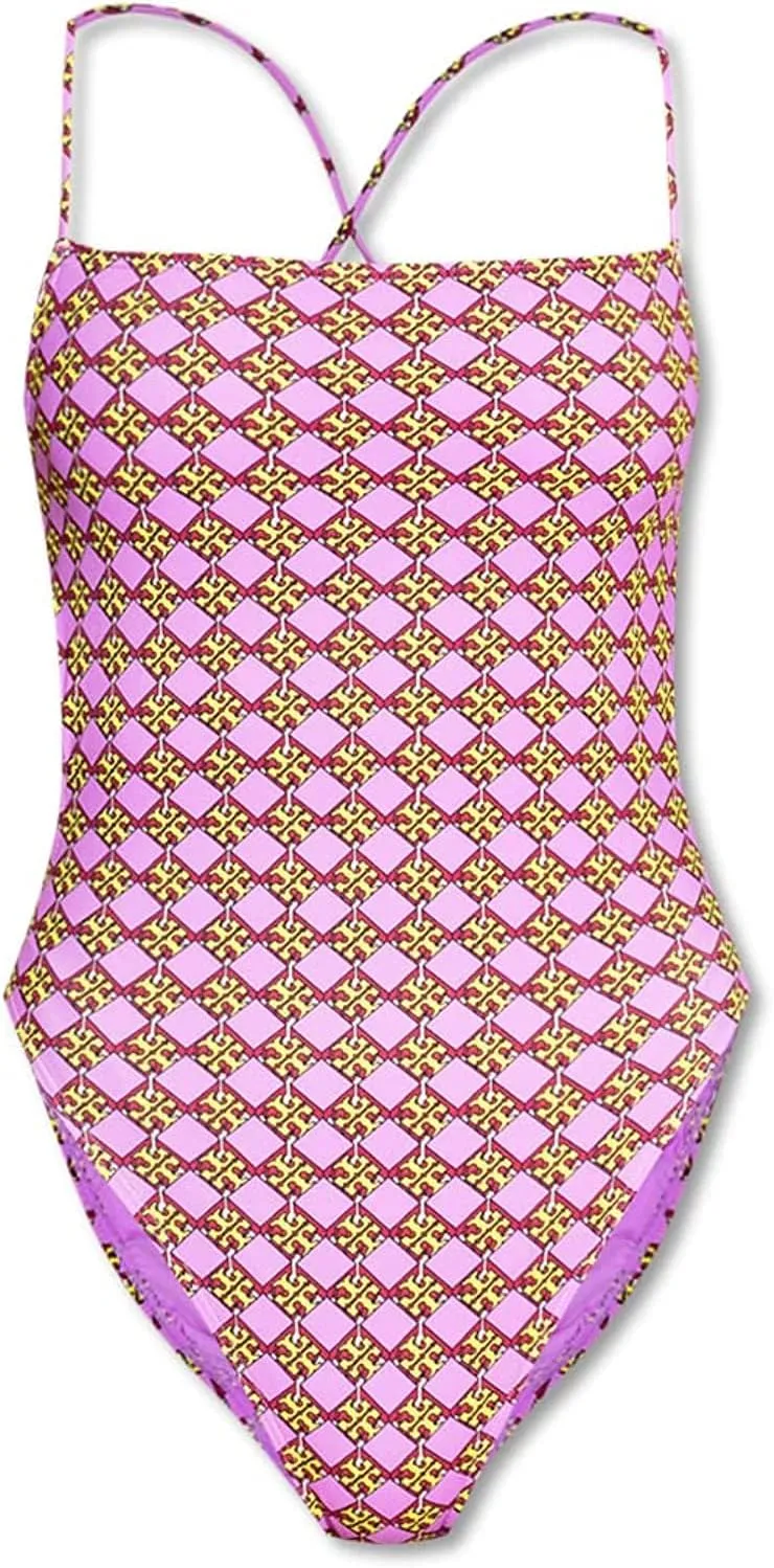 Tory Burch Women's Lavender Purple 3D Checkered One Piece Swimsuit Drawstring Back
