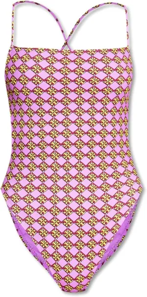 Tory Burch Women's Lavender Purple 3D Checkered One Piece Swimsuit Drawstring Back
