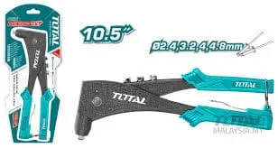 Total 10.5" Aluminium Body Hand Riveter, 4-in-1     (2.4mm, 3.2mm, 4mm, 4.8mm), Sturdy and Durable, One Hand Rivet Tool. Ideal for Metal, Plastic and Leather - THT32105