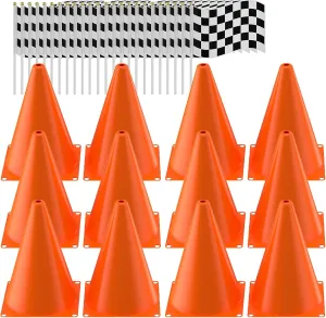 Traffic Cones with Racing Checkered Flags-8 Traffic Cones With Hole on Top, 16 Checkered Flags, Race Car Birthday Party Supplies, Table Centerpiece Decorations, Kids Gift (36PCS)