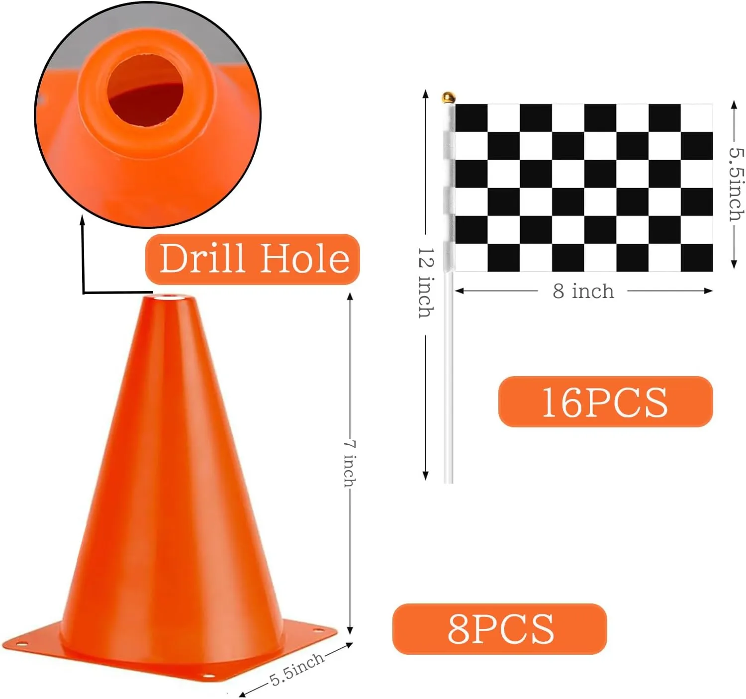 Traffic Cones with Racing Checkered Flags-8 Traffic Cones With Hole on Top, 16 Checkered Flags, Race Car Birthday Party Supplies, Table Centerpiece Decorations, Kids Gift (36PCS)