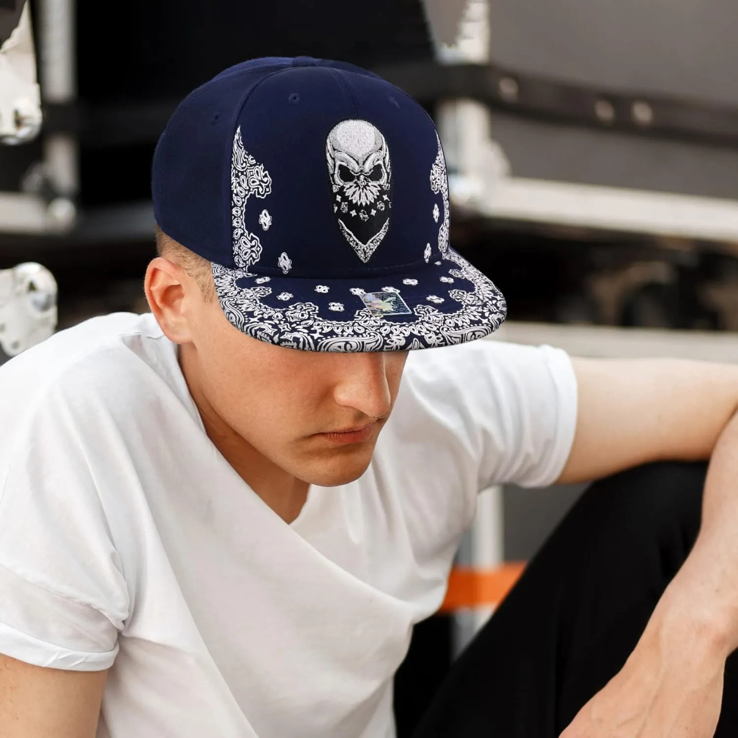 Trendy Apparel Shop Skull Bandana Embroidered Paisley Print Flatbill Cap