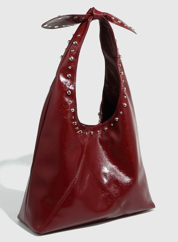 Trendy Vegan Leather Shoulder Bag for Women Y2K Punk Rivet Tote Purse Large Handbags Bucket Underarm Satchel