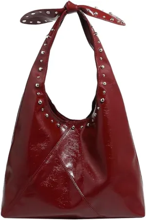 Trendy Vegan Leather Shoulder Bag for Women Y2K Punk Rivet Tote Purse Large Handbags Bucket Underarm Satchel