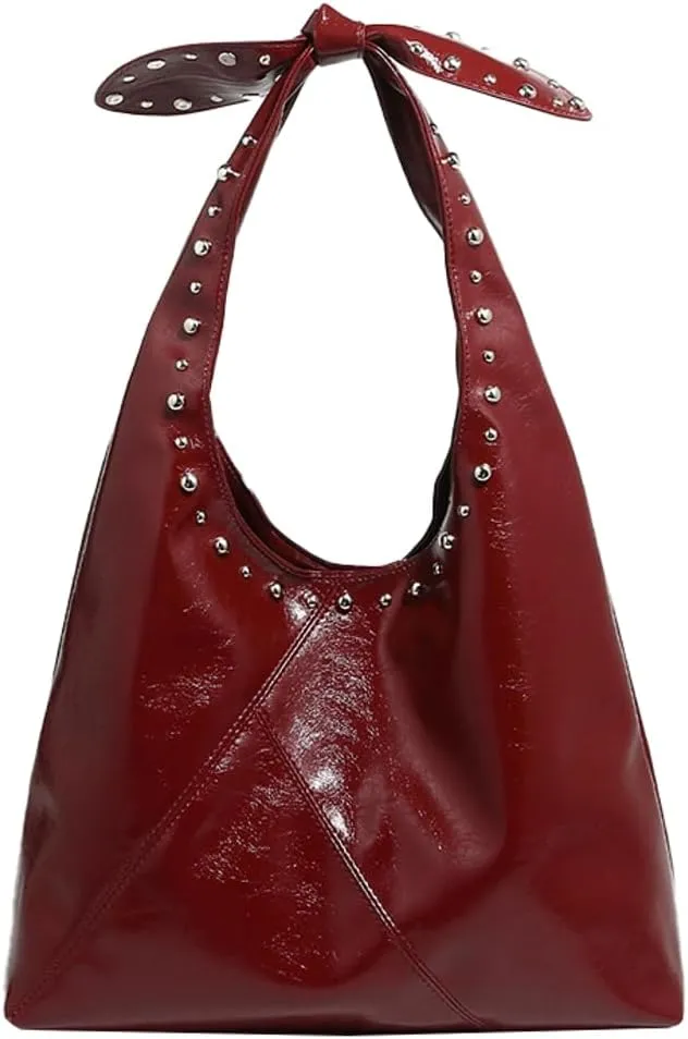 Trendy Vegan Leather Shoulder Bag for Women Y2K Punk Rivet Tote Purse Large Handbags Bucket Underarm Satchel