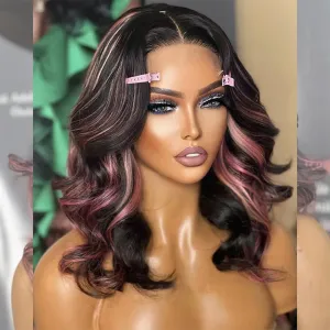 Tuneful Pink Highlight Colored 14 Inch 6x5 HD Lace Closure Wigs Human Hair Wear and Go Glueless Pre Plucked Pre Cut 220% Density Loose Body Wave Lace Front Wigs Human Hair for Women