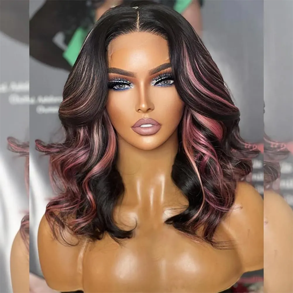 Tuneful Pink Highlight Colored 14 Inch 6x5 HD Lace Closure Wigs Human Hair Wear and Go Glueless Pre Plucked Pre Cut 220% Density Loose Body Wave Lace Front Wigs Human Hair for Women