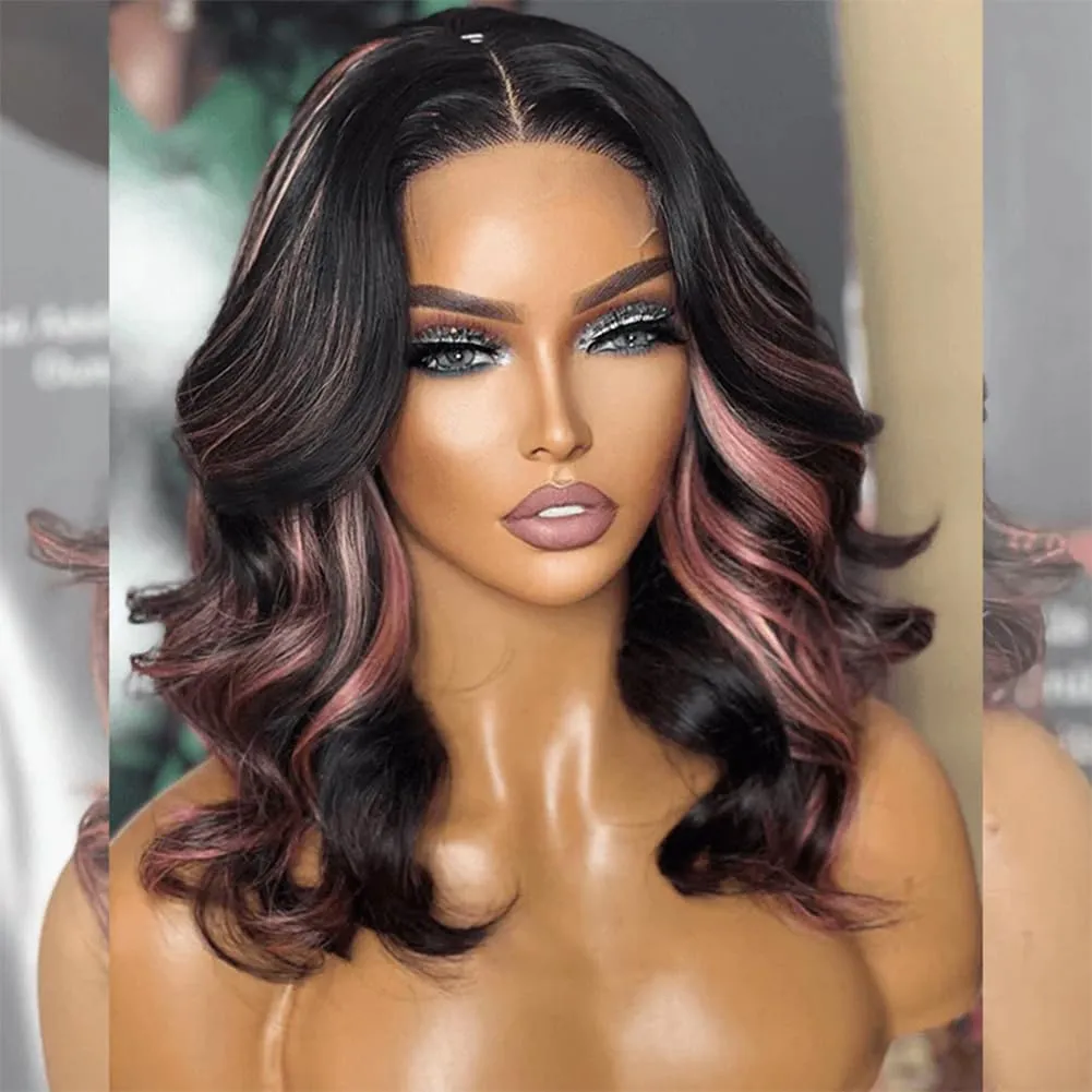 Tuneful Pink Highlight Colored 14 Inch 6x5 HD Lace Closure Wigs Human Hair Wear and Go Glueless Pre Plucked Pre Cut 220% Density Loose Body Wave Lace Front Wigs Human Hair for Women