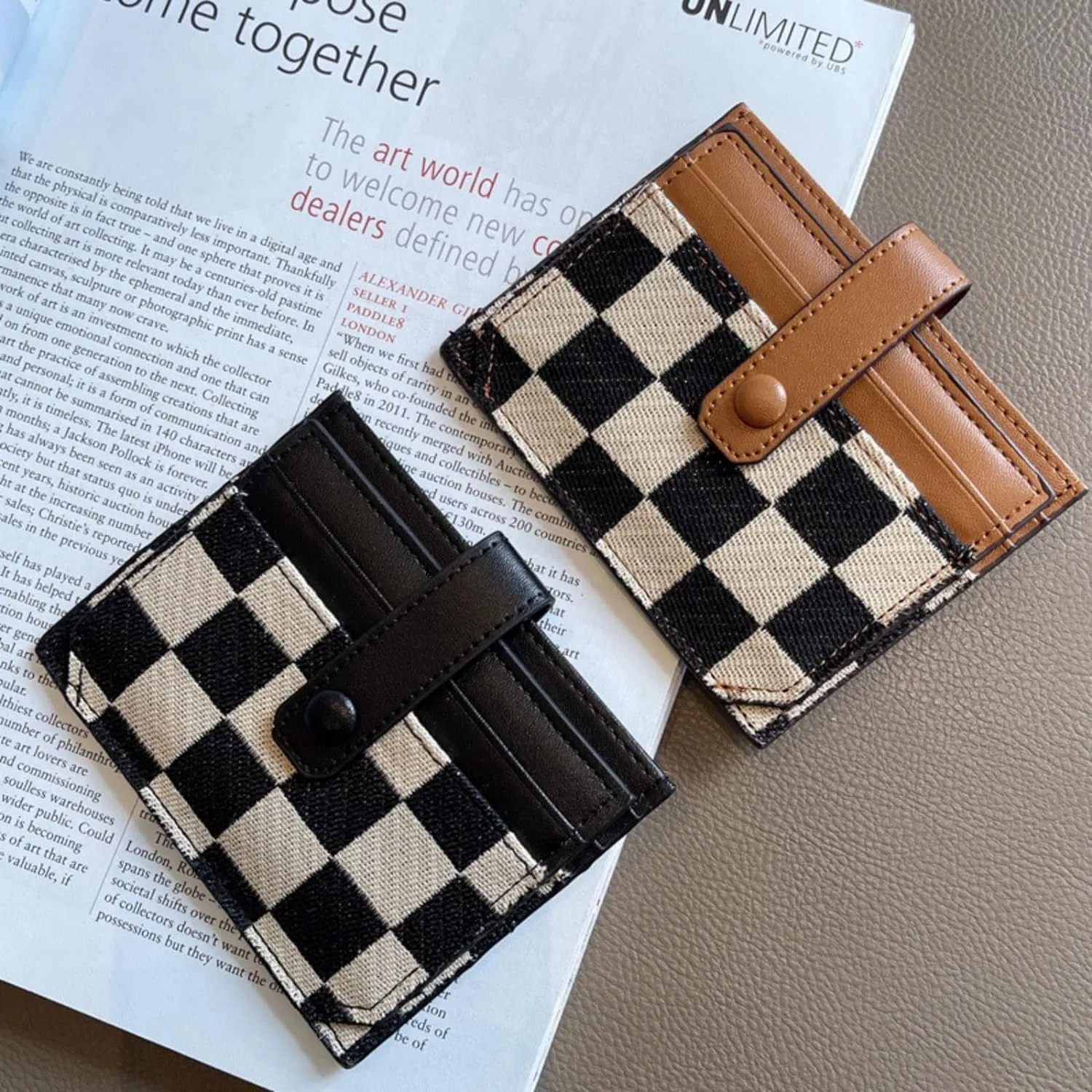 TURBOOST Cute Slim Card Holder Canvas Front Pocket Checkered Wallet, Small Credit Card Case for Women (Black)