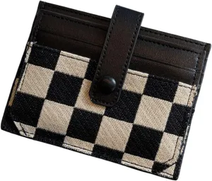 TURBOOST Cute Slim Card Holder Canvas Front Pocket Checkered Wallet, Small Credit Card Case for Women (Black)