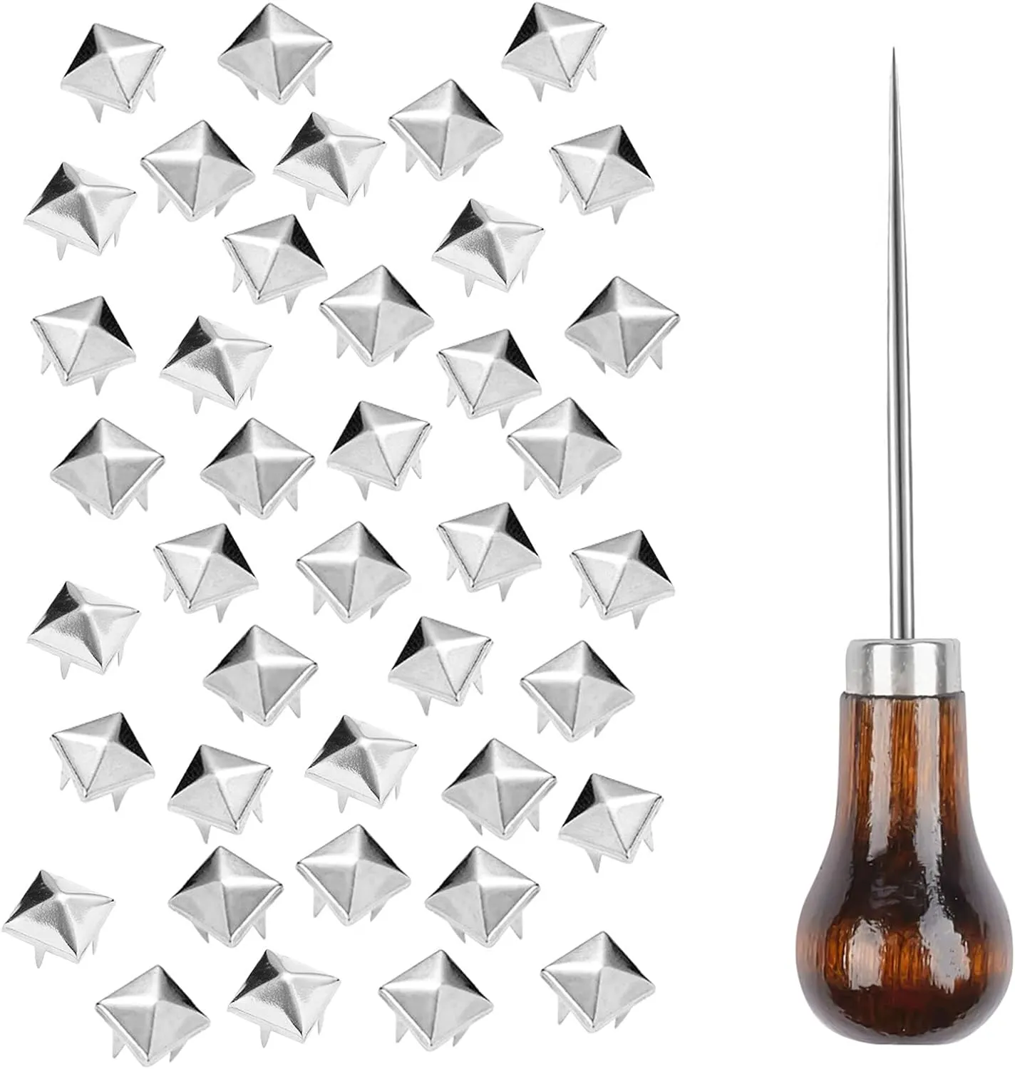 TUZAZO 500 Pieces 12 mm Square Pyramid Studs for Clothing Bag Leather Shoes Punk Rock Jewelry Craft, 4 Prong Metal Nailhead Studs Spikes Accessories with Awl (Silver)