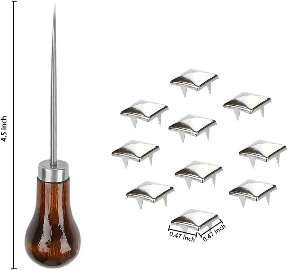 TUZAZO 500 Pieces 12 mm Square Pyramid Studs for Clothing Bag Leather Shoes Punk Rock Jewelry Craft, 4 Prong Metal Nailhead Studs Spikes Accessories with Awl (Silver)