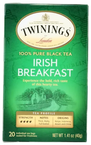 Twinings Irish Breakfast Tea, Tea Bags, 20-Count Boxes (Pack of 6)