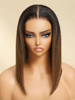 UNICE Bye Bye Knots 7x5 HD Pre Cut Lace Yaki Straight Bob Wig Chestnut Brown Ombre Human Hair Glueless Wig Pre Plucked Bleached Invisible Knots Natural Hairline 150% Density for Women 12 Inch