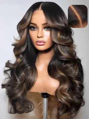 UNICE Bye Bye Knots Glueless Wig 7x5 Pre Cut Lace Front Wig Espresso Brown with Highlights Loose Wave Human Hair Put on and Go Wig Pre Plucked Bleached Invisible Knots 180% Density 24 Inch