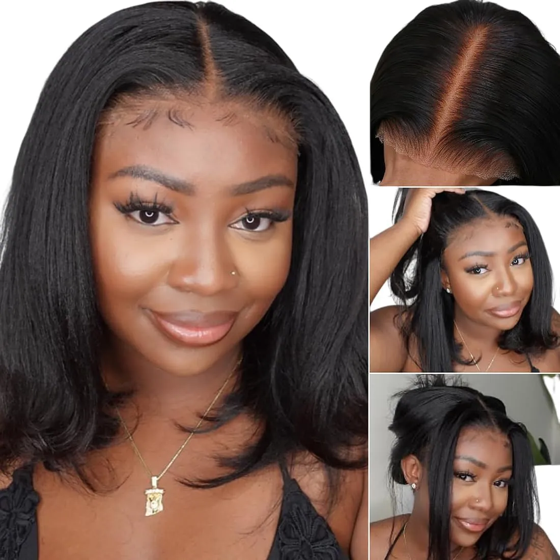 UNICE Bye Bye Knots Wig - Yaki Kinky Straight Bob Wigs, Human Hair, Invisible Knots, 7x5 Lace Front, Glueless, Pre Plucked, 12 inch