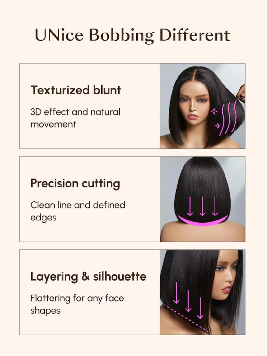 UNICE Bye Bye Knots Wig - Yaki Kinky Straight Bob Wigs, Human Hair, Invisible Knots, 7x5 Lace Front, Glueless, Pre Plucked, 12 inch
