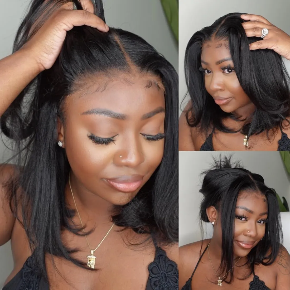 UNICE Bye Bye Knots Wig - Yaki Kinky Straight Bob Wigs, Human Hair, Invisible Knots, 7x5 Lace Front, Glueless, Pre Plucked, 12 inch