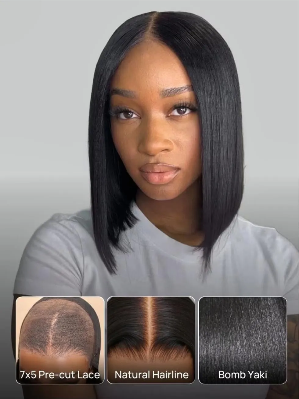 UNICE Bye Bye Knots Wig - Yaki Kinky Straight Bob Wigs, Human Hair, Invisible Knots, 7x5 Lace Front, Glueless, Pre Plucked, 14 inch