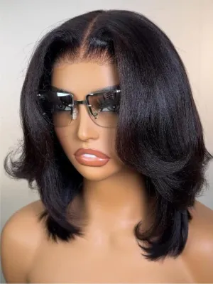 UNICE Bye Bye Knots Wig - Yaki Kinky Straight Bob Wigs, Human Hair, Invisible Knots, 7x5 Lace Front, Glueless, Pre Plucked, 14 inch