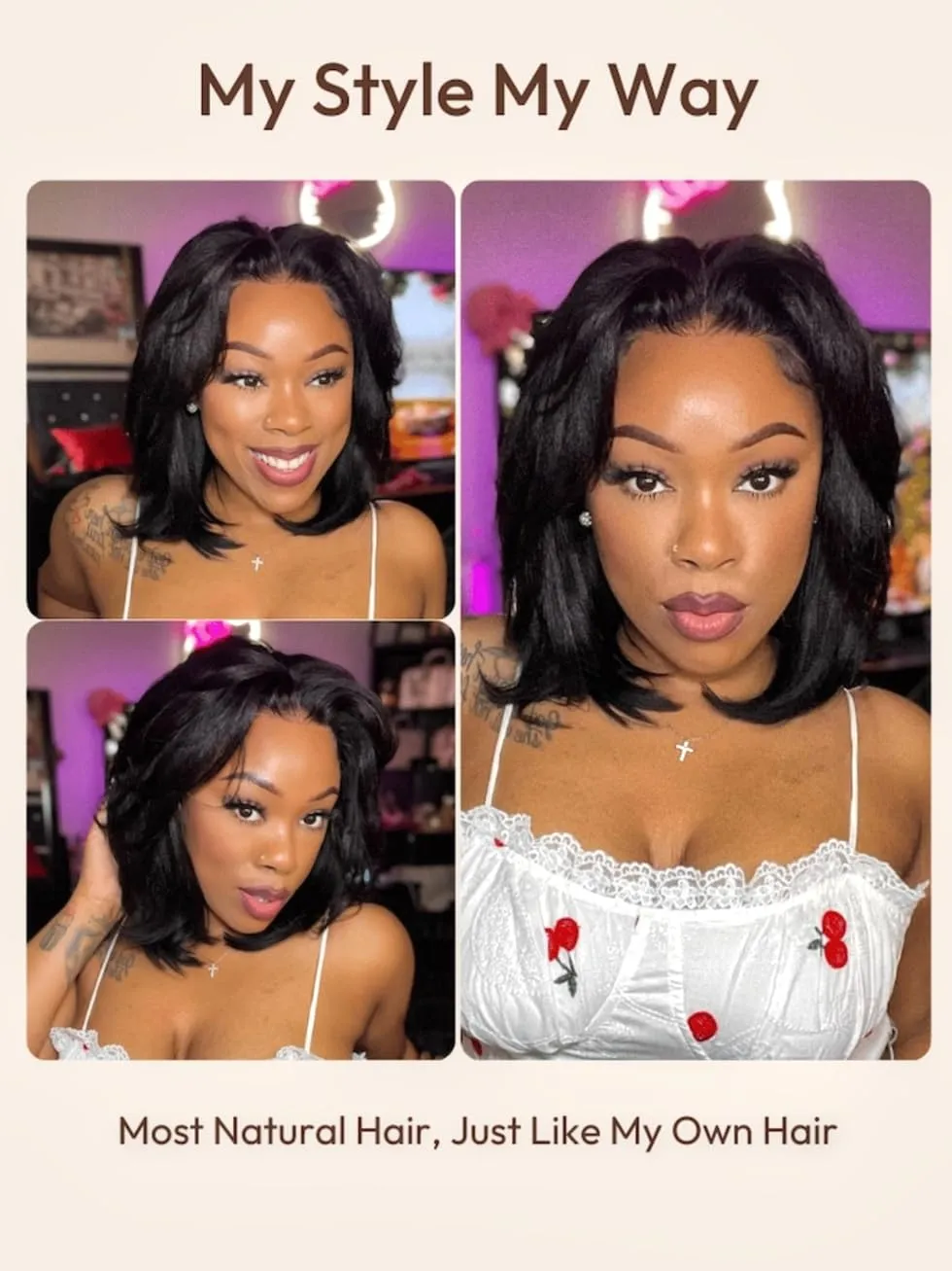 UNICE Bye Bye Knots Wig - Yaki Kinky Straight Bob Wigs, Human Hair, Invisible Knots, 7x5 Lace Front, Glueless, Pre Plucked, 14 inch