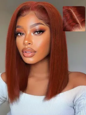 UNICE Reddish Brown Yaki Straight Bob Wig Human Hair Bye Bye Knots Glueless 7x5 Lace Front Wigs Human Hair Pre Plucked Pre Cut Bleached Knots Pre Everything Put On and Go Wig 14 inch