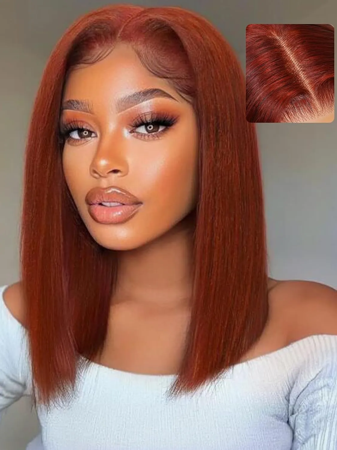 UNICE Reddish Brown Yaki Straight Bob Wig Human Hair Bye Bye Knots Glueless 7x5 Lace Front Wigs Human Hair Pre Plucked Pre Cut Bleached Knots Pre Everything Put On and Go Wig 14 inch