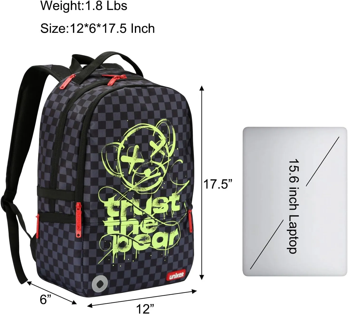 UNIKER Graffiti Backpack, Designer Laptop Backpack for 15.6 Inch Work,Water Resistant Backpack Computer Bag,‌CheckeredBear‌