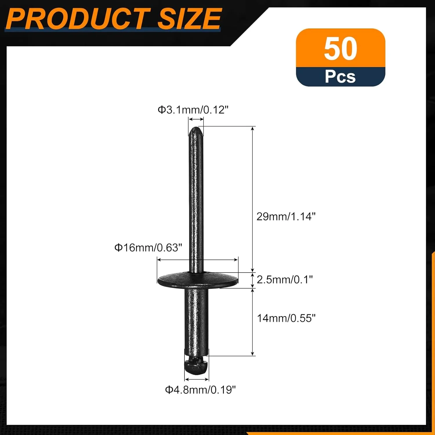 uxcell 50Pcs 3/16"x1/2" Large Flange Blind Rivets, Zinc-Plated Carbon Steel Grip and Mandrel Cap Blind Rivets, Black