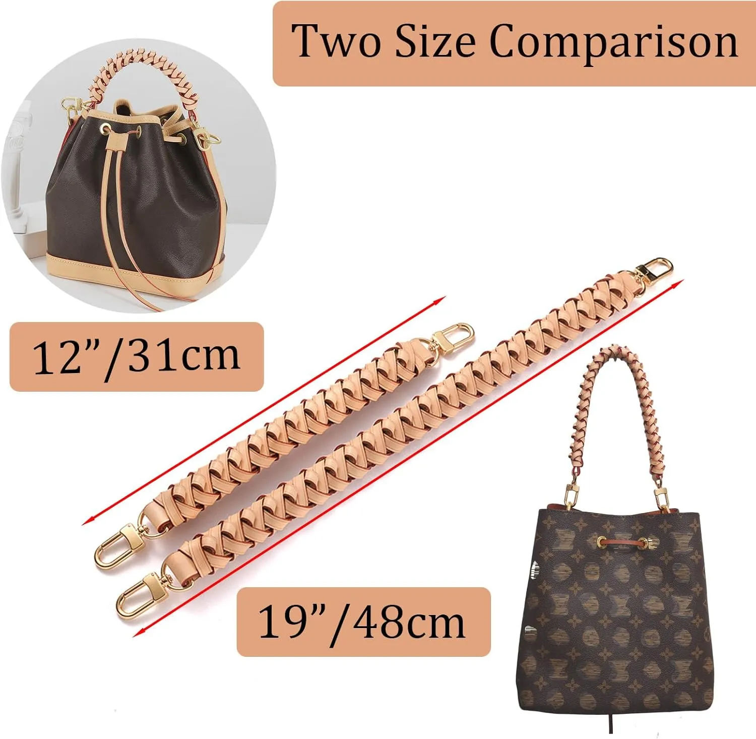 Vachetta Leather Braided Purse Handle for Neonoe Strap Metis Noe BB NM Beaubourg Hobo Bucket Bag Luxury Short Handle Strap Replacement